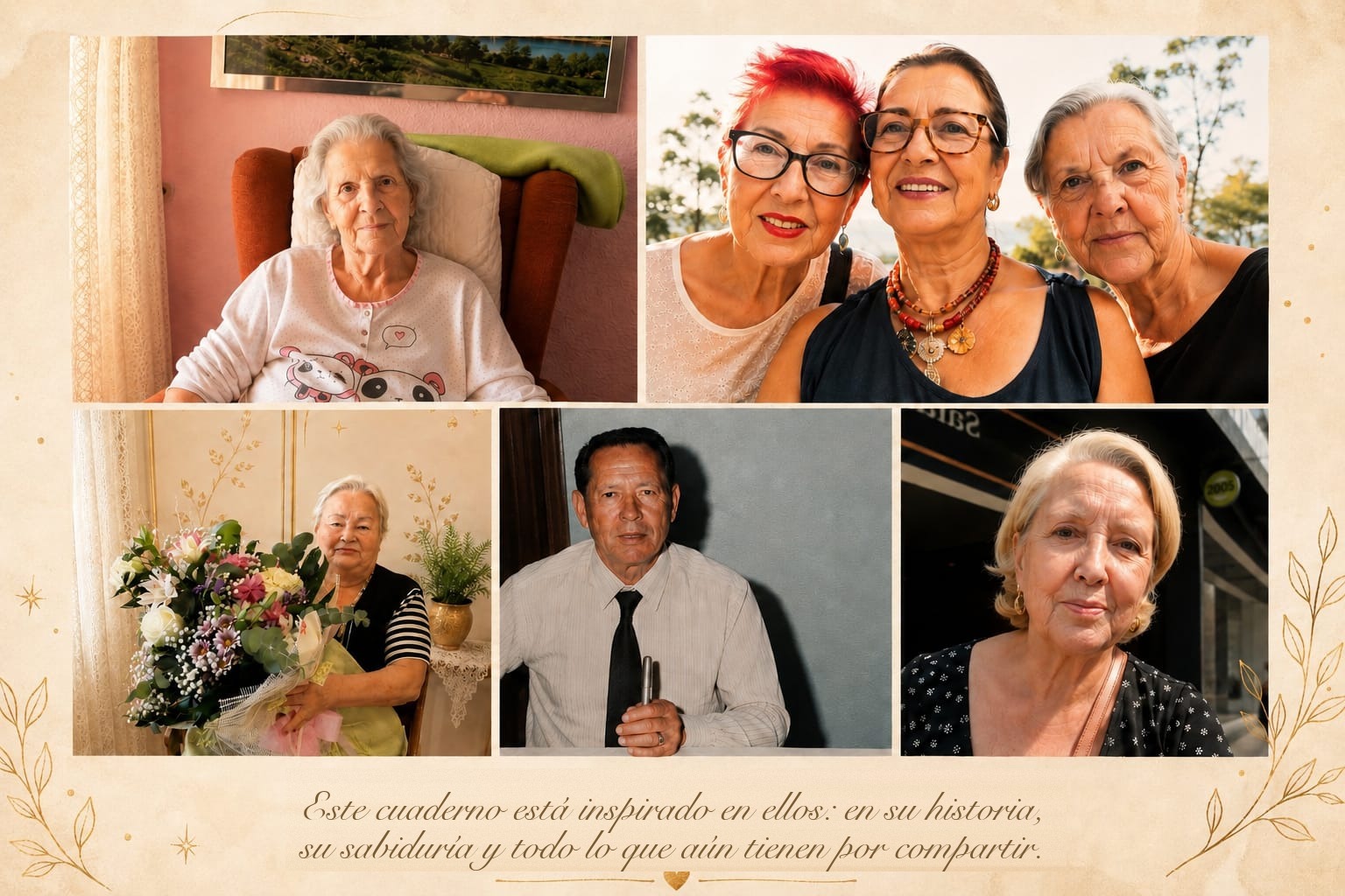 Este cuaderno está inspirado en ellos: en su historia, su sabiduría y todo lo que aún tienen por compartir. Collage de fotografías de personas mayores reales.