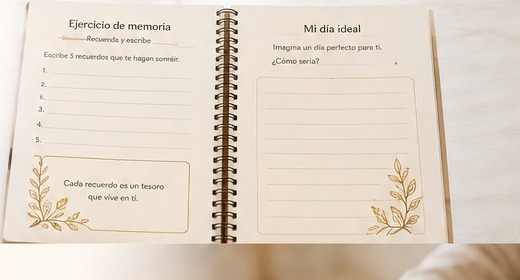 Página interior del cuaderno: ejercicio de memoria y mi día ideal
